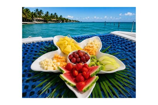 A fresh fruit and charcuterie platter served aboard a Caribbean Watersports charter in Key Largo