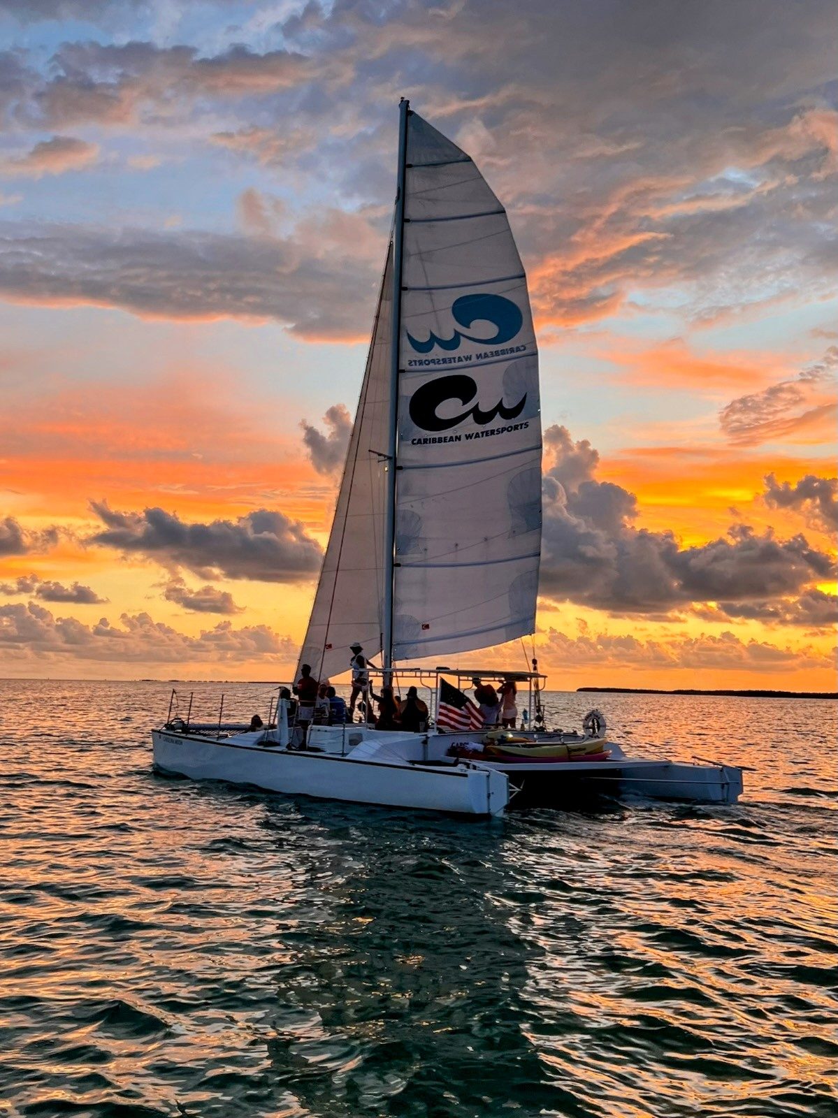 The wide, stable deck of the Carolina Moon catamaran underway