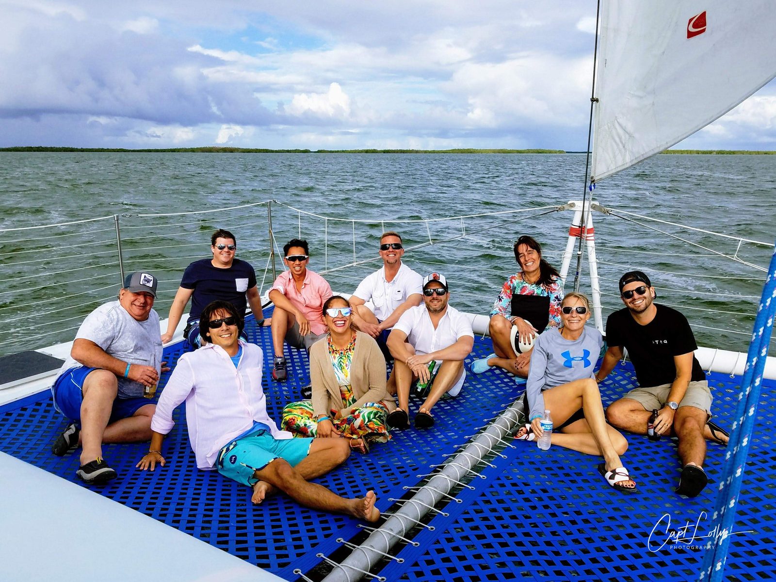 A first-time charter group being welcomed aboard a private Key Largo boat