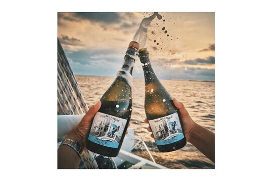 Two friends clinking ice-cold beers at sunset aboard a Caribbean Watersports catamaran in Key Largo
