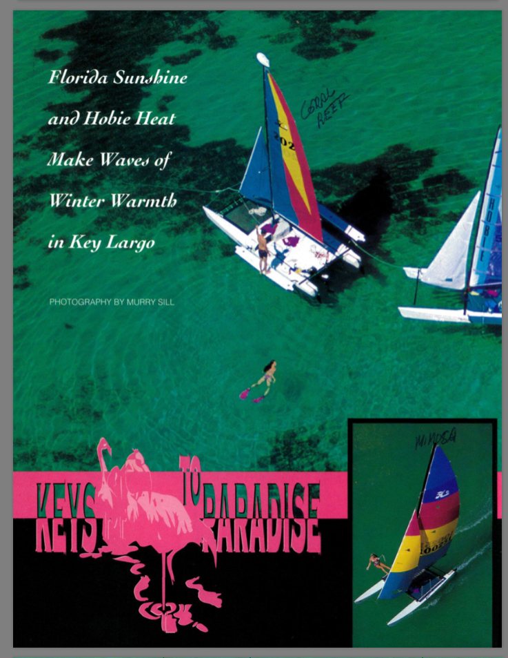 A magazine page reading Florida Sunshine and Hobie Heat Make Waves of Winter Warmth in Key Largo