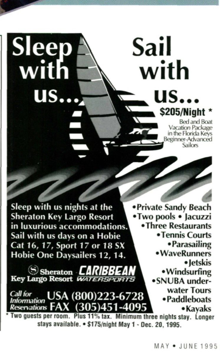 A 1995 magazine advertisement reading Sleep with us, Sail with us for the Sheraton Key Largo and Caribbean Watersports